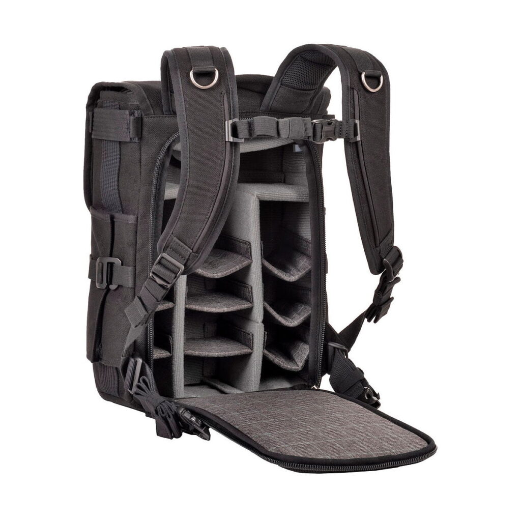 Think_Tank_Retrospective_Backpack_15-Black_002 Think Tank Retrospective Backpack 15, black, features padded, adjustable interior dividers and an open front panel with organized gear compartments against a white background.