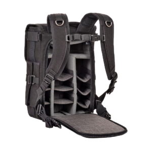 Think_Tank_Retrospective_Backpack_15-Black_002 Think Tank Retrospective Backpack 15, black, features padded, adjustable interior dividers and an open front panel with organized gear compartments against a white background.
