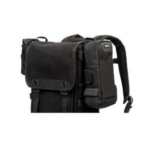 Think_Tank_Retrospective_Backpack_15-Black_005 Think Tank Retrospective Backpack 15 Camera Backpack, Black is a black backpack with multiple compartments and pockets, a small removable pouch on one shoulder strap and a flap with buttons and zippers.