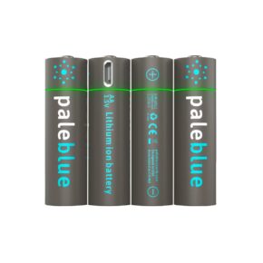 pale_blue_aa Four light blue rechargeable AA Li-ion batteries are arranged in a vertical row, each with a brand name, specifications and a micro USB charging port.