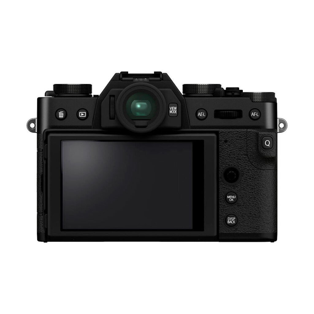 Fujifilm_X-T30_II_002 Fujifilm X-T30 II Musta on musta digitaalikamera, jossa on LCD-näyttö, painikkeet, valitsimet, elektroninen etsin ja kuvioitu oikeanpuoleinen kahva.