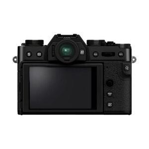 Fujifilm_X-T30_II_002 Fujifilm X-T30 II Musta on musta digitaalikamera, jossa on LCD-näyttö, painikkeet, valitsimet, elektroninen etsin ja kuvioitu oikeanpuoleinen kahva.