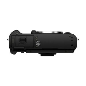 Fujifilm_X-T30_II_004 Fujifilm X-T30 II Musta -digitaalikameran rungon ylhäältä katsottuna, jossa on objektiivin kiinnitys, akkulokero sekä erilaisia painikkeita ja säätimiä.