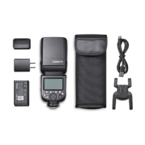 Godox-Ving-V860-III-TTL---Nikon-1 Godox Ving V860 III TTL-salamasarja Nikon-kameroille sisältää salamalaitteen, akun, laturin, latauspistokkeen, USB-kaapelin, kantolaukun ja pienen mustan jalustan - kaikki siististi valkoisella pohjalla.