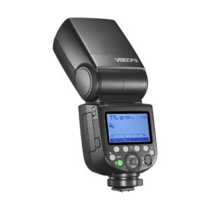 Godox-Ving-V860-III-TTL---Sony-2 The black Godox Ving V860 III TTL flash for Sony cameras has a digital display with settings, marked V860III. The angled flash head and rear control buttons are clearly visible.