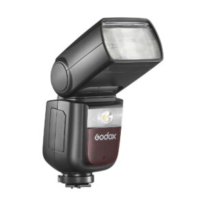 Godox-Ving-V860-III-TTL---panasonic_olympus Black Godox Ving V860 III TTL flash for Panasonic/Olympus cameras with tilting head, rectangular flash panel and Godox logo on the front against a white background.
