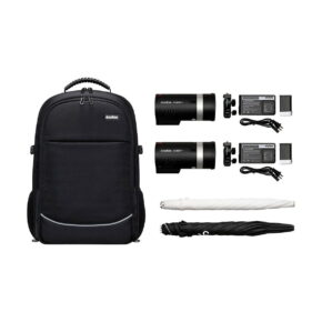 The Godox AD300 Pro Outdoor 2-Flash Kit includes a black rucksack, two AD300 Pro flash units, chargers with batteries and power cables, and one white and one black folding umbrella with a white base.