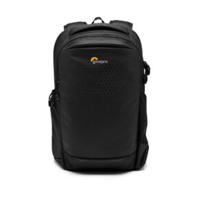 Lowepro Flipside 300 AW III -kamerareppu, musta, sisältää hienovaraisen timanttikuvion, oranssin logon, pehmustetut olkahihnat ja useita vetoketjulokeroita. Kuvattu valkoisella pohjalla.
