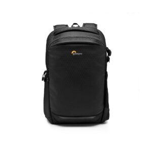 Lowepro_Flipside_400_AW_III-Musta_001 The black Lowepro Flipside 400 AW III camera backpack features padded shoulder straps, a front pocket and a yellow and white Lowepro logo on the front. The backpack appears on a simple white background.