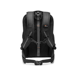 Lowepro_Flipside_400_AW_III-Musta_003 The Lowepro Flipside 400 AW III camera backpack in black appears on a white background on the back and features padded shoulder straps, a chest strap, waist strap and the Lowepro logo on the right strap.