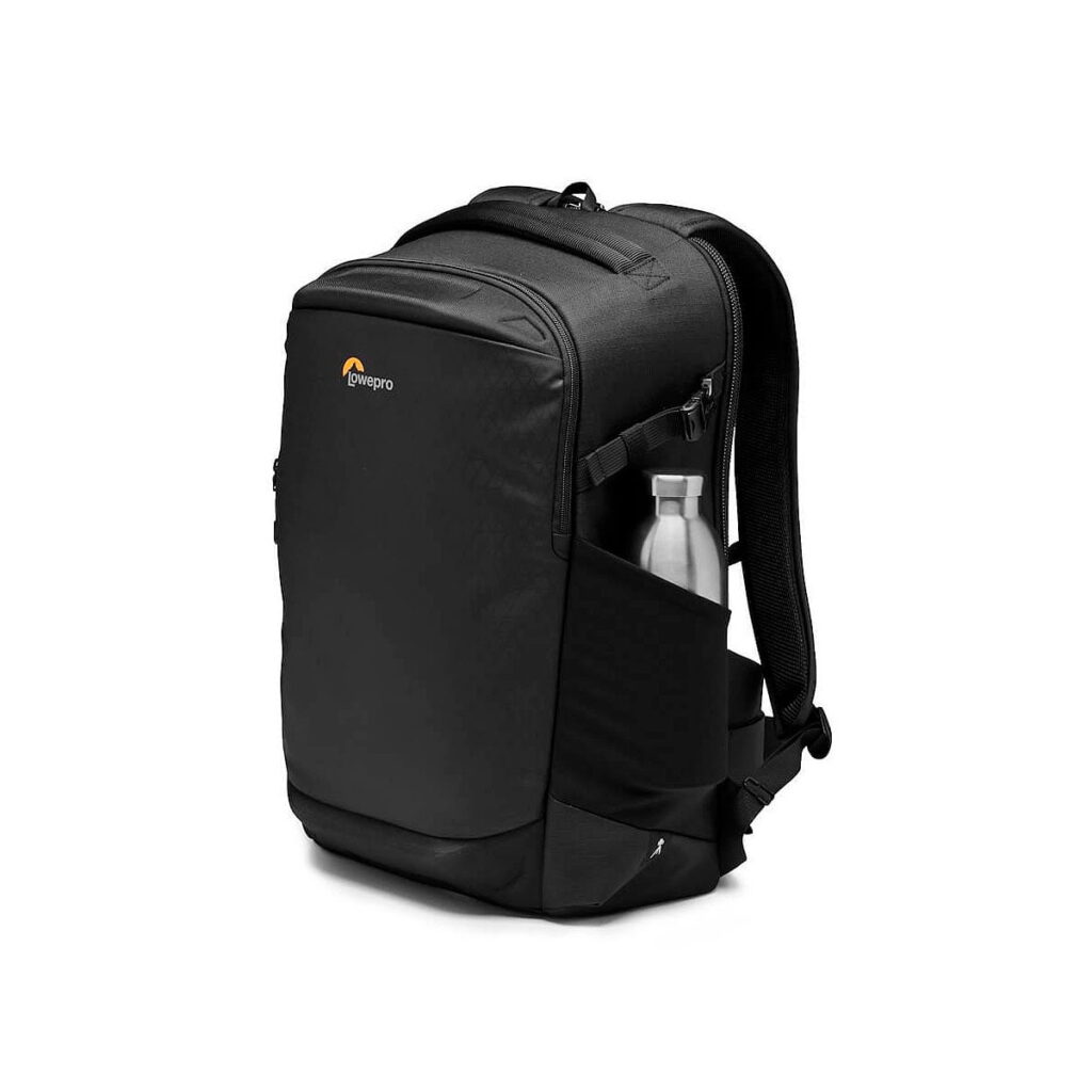 Lowepro_Flipside_400_AW_III-Musta_007 Lowepro Flipside 400 AW III camera backpack, black with zipped front pocket and silver water bottle in side pocket, white background.