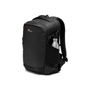 Lowepro_Flipside_400_AW_III-Musta_007 Lowepro Flipside 400 AW III camera backpack, black with zipped front pocket and silver water bottle in side pocket, white background.