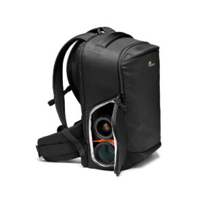 Lowepro_Flipside_400_AW_III-Musta_008 The Lowepro Flipside 400 AW III Camera Backpack, Black features a semi-open side zipper to reveal the two large camera lenses inside, padded shoulder straps and a waist strap for extra support.
