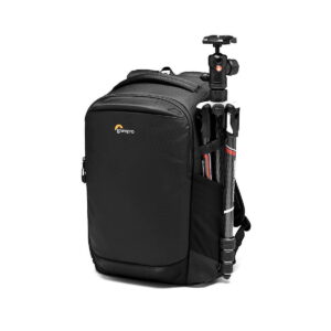 Lowepro_Flipside_400_AW_III-Musta_009 Lowepro Flipside 400 AW III camera backpack, black, tripod in side pocket, white base.