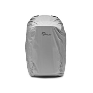 Lowepro_Flipside_400_AW_III-Musta_010 The Lowepro Flipside 400 AW III Camera Backpack, Black has a grey cover that fully protects the backpack from the weather. The Lowepro logo appears on the front centre with a plain white background.