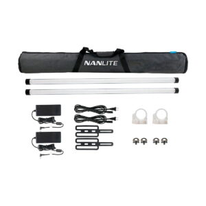 Nanlite_PavoTube_II_30X_2kit_001 NANLITE PavoTube II 30X 2kit sisältää mustan kantolaukun, kaksi putkivalaisinta, kaksi virtalähdettä kaapeleineen, kaksi kirkasta kiinnityskorvaketta, kaksi mustaa kiinnityslevyä ja neljä pientä kiinnitysruuvia.