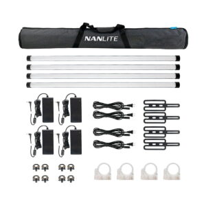 Nanlite_PavoTube_II_30X_4kit_001 NANLITE PavoTube II 30X 4kit sisältää neljä LED-valoputkea, virtasovittimet johtoineen, kiinnityskannattimet, pyöreän putken pidikkeet, pallopään sovittimet ja mustan Nanlite-kantolaukun.