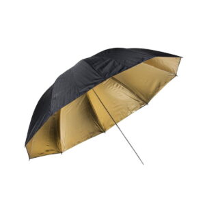 Quadralite_150_Gold_Umbrella_001 The Quadralite 150cm Gold umbrella with black outer surface and reflective gold inner surface is shown open at an angle against a white background.