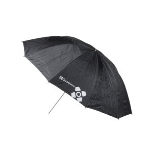 Quadralite_150_Gold_Umbrella_002 The Quadralite 150cm Gold umbrella features the Quadratic logo and text in white on one panel, a metal handle, and is visible against a white background.