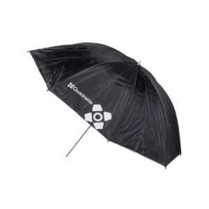 Quadralite_91_Gold_Umbrella_002 Quadralite 91cm Gold -sateenvarjossa on kultainen kuomu, tukeva hopeinen metallikahva ja valkoinen Quadralite-logo ja teksti kahdessa paneelissa, jotka on esitetty valkoista taustaa vasten.