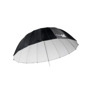 Quadralite_Space_150_White_Parabolic_Umbrella_001 Quadralite Space 150cm White Parabolic Umbrella on suuri, pyöreä studiovalaistuksen sateenvarjo, jossa on musta ulkopinta, valkoinen sisäpinta, useita kylkiluita ja logo yhdessä paneelissa, ihanteellinen valokuvaussovelluksiin.
