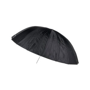 Quadralite_Space_185_White_Parabolic_Umbrella_002 Quadralite Space 185cm valkoinen parabolinen sateenvarjo on auki, ja se näkyy vinossa valkoista taustaa vasten.