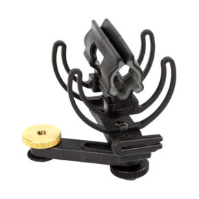Rycote InVision Video Adaptor 1/4" on musta iskukiinnike, jossa on joustavat klipsit ja kultainen nuppi, joka on suunniteltu vähentämään tärinää ja kiinnittämään mikrofonisi tukevasti jalustaan tai kameraan.