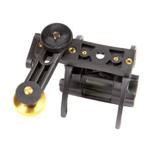 Rycote_InVision_Video_Adaptor_1_4_002 Close-up of the Rycote InVision Video Adaptor 1/4", black and gold camera mount with adjustment knobs and built-in bubble level designed for precise alignment and stability.