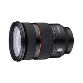 Samyang_AF_24-70mm_F_2_8_Sony_FE_004 Black Samyang AF 24-70mm F/2.8 Sony FE lens with red ring, textured grip and CUSTOM and MODE 2 buttons near the tripod.