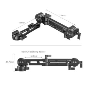 SmallRig_3507_Adjustable_EVF_Mount_with_NATO_Clamp_003 SmallRig 3507 säädettävässä EVF-kiinnikkeessä NATO-kiinnikkeellä on kaksi mustaa metallivartta (pituudet 102mm ja 130mm), 59,75mm korkeus ja 62,5mm enimmäisvenymä, kuvassa laajennettuna ja taitettuna.