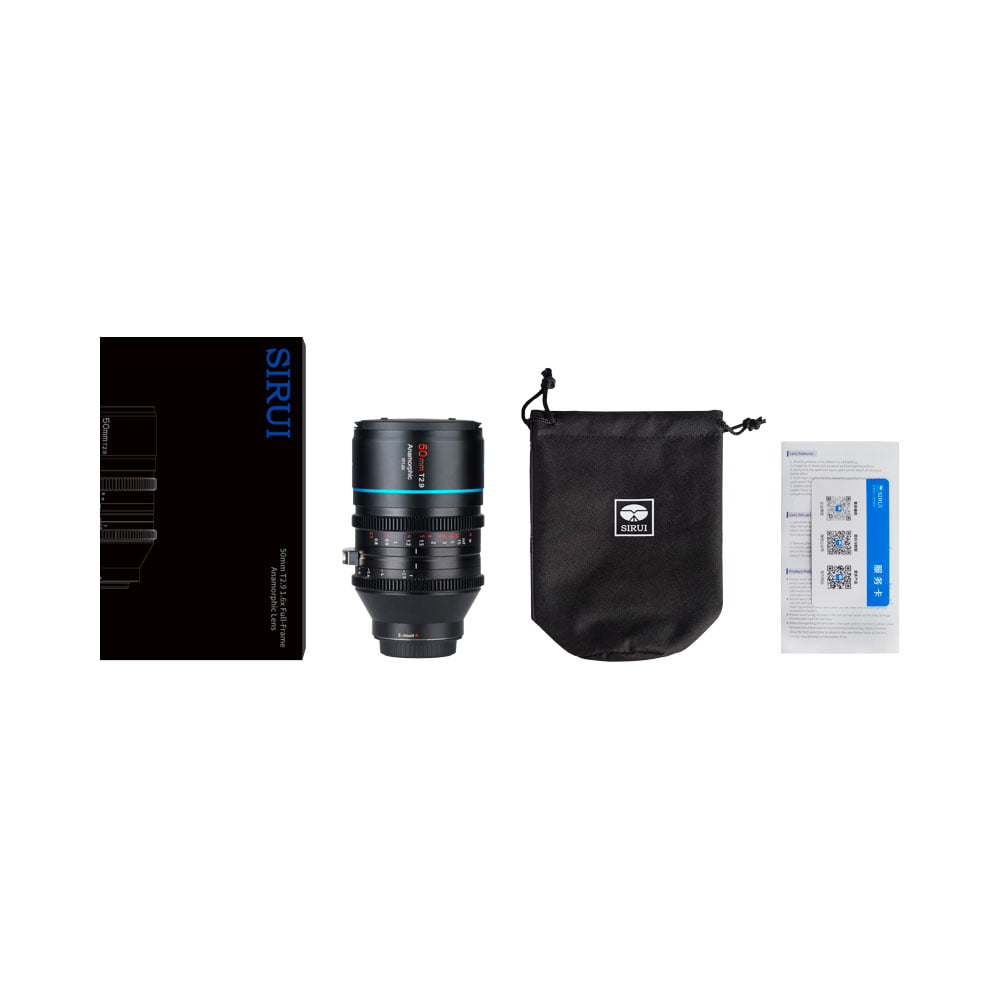 sirui_anamorphic_50mm_16x_05 Sirui Anamorphic Lens 1.6x 50mm t/2.9 Canon RF -objektiivi näkyy mustassa laatikossaan, sopivassa kiristysnauhapussissa ja QR-koodeilla varustetussa käyttöohjeessa, jotka kaikki on järjestetty siististi valkoiselle taustalle.