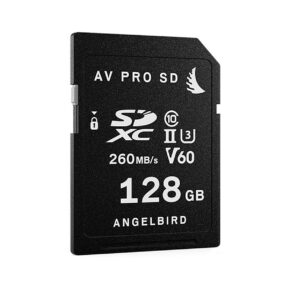 Angelbird_128GB_AV_Pro_Mk_2_V60_UHS-II_SDXC_001 Musta ANGELBIRD 128GB AV Pro Mk 2 V60 UHS-II SDXC-kortti, jonka nopeus on 260 MB/s ja jonka etupuolelle on painettu useita valkoisia suorituskykysymboleja.