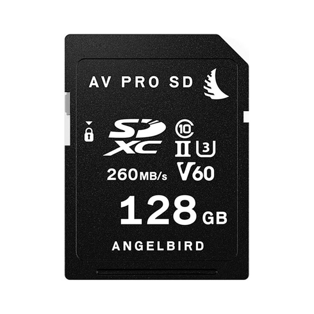 Angelbird_128GB_AV_Pro_Mk_2_V60_UHS-II_SDXC_002 Musta ANGELBIRD 128GB AV Pro Mk 2 V60 UHS-II SDXC-kortti, jossa on 260MB/s nopeus, U3- ja V60-luokitukset, ja jonka etupuolella on valkoinen teksti.