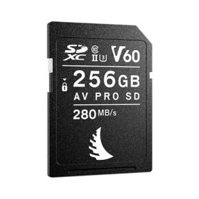Angelbird_256GB_AV_Pro_Mk_2_V60_UHS-II_SDXC_001 ANGELBIRD 256GB AV Pro Mk 2 V60 UHS-II SDXC -kortti tarjoaa V60-nopeusluokan ja 280 Mt/s siirtonopeuden, ja siinä on valkoista tekstiä ja symboleja mustalla pohjalla.