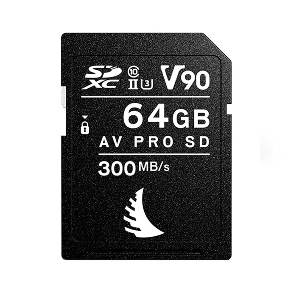 Angelbird_64GB_AV_Pro_Mk_2_UHS-II_SDXC_001 Musta ANGELBIRD 64GB AV Pro Mk 2 V90 UHS-II SDXC-muistikortti (2-pack), jonka lukunopeus on 300MB/s ja jossa on tekniset symbolit ja teksti.