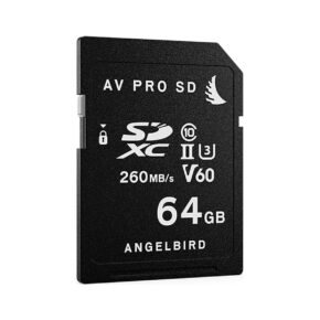 Angelbird_64GB_AV_Pro_Mk_2_V60_UHS-II_SDXC_001 ANGELBIRD 64GB AV Pro Mk 2 V60 UHS-II SDXC-muistikortti on musta, sen nopeus on 260 Mt/s ja siinä on merkinnät V60, U3 ja C10. Se näkyy valkoisella pohjalla.