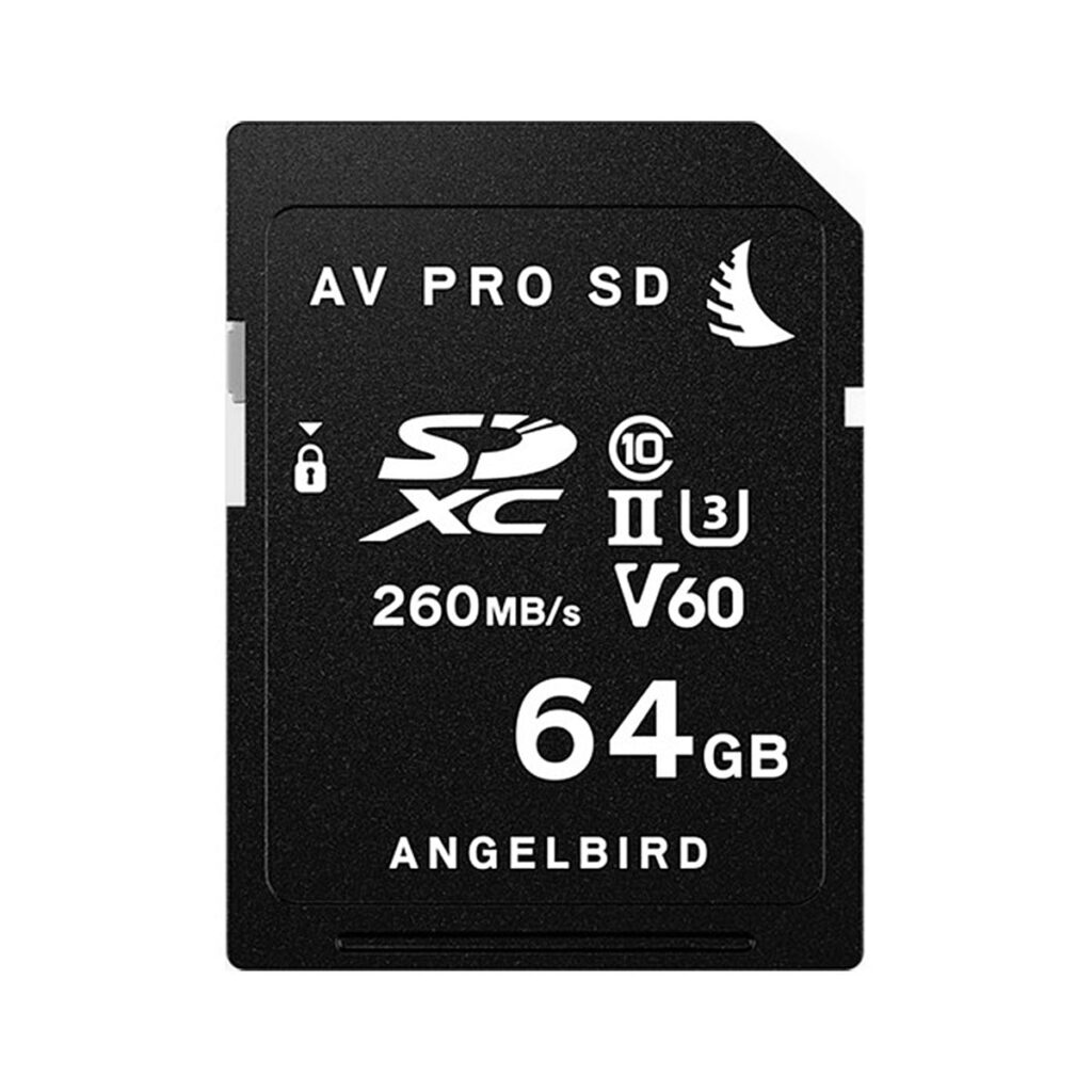 Angelbird_64GB_AV_Pro_Mk_2_V60_UHS-II_SDXC_002 ANGELBIRD 64GB AV Pro Mk 2 V60 UHS-II SDXC on musta muistikortti, jonka nopeus on 260 Mt/s, luokka 10, U3 ja jonka etupuolella on valkoisia teknisiä kuvakkeita ja tekstiä.