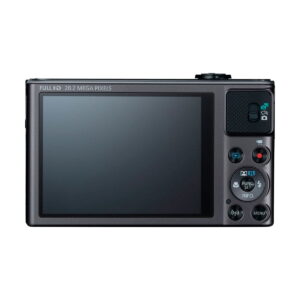 Canon_PowerShot_SX620_HS_004 Kuvassa näkyy Canon PowerShot SX620 HS -kameran takaosa, jossa on suuri LCD-näyttö, useita painikkeita, kuvioitu kahva ja näytön yläpuolelle painettu "FULL HD 20.2 MEGA PIXELS".