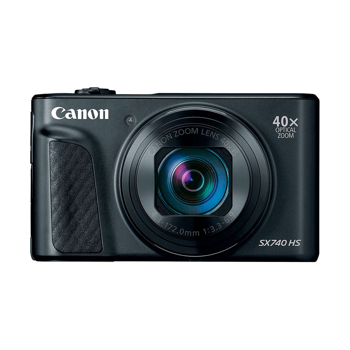 Etukuva mustasta Canon PowerShot SX740 HS -kompaktikamerasta, jossa on 40-kertainen optinen zoom-objektiivi ja kuvioitu kahva vasemmalla puolella.