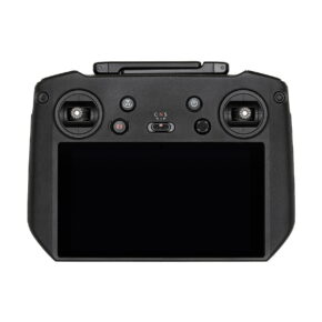 DJi_RC_Pro_001 DJI RC Pro controller, black, with two joysticks, multiple buttons and a large rectangular display at the bottom, viewed from above on a white background.