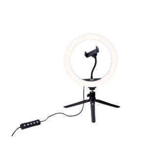 Dörr_VL-26_RGB_Vlogging_Kit_003 Dörr VL-26 RGB Rengasvalo Vlogging Kit sisältää rengasvalon kolmella levitettävällä jalustalla varustetulla jalustalla, keskellä olevan puhelintelineen ja kiinnitetyn langallisen kaukosäätimen. Rengasvalo on valaistu, mikä sopii täydellisesti vloggaamiseen.