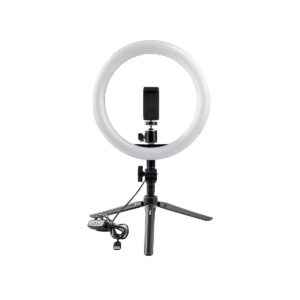 Dörr_VL-26_Vlogging_Kit_002 Dörr VL-26 Bi-Color Rengasvalo Vlogging Kit sisältää rengasvalon, jossa on keskeinen älypuhelimen pidike, joka on asennettu jalustalle ja yhdistetty kaapelilla. Asetelma näkyy tavallista valkoista taustaa vasten.