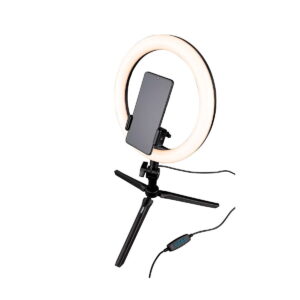 Dörr_VL-26_Vlogging_Kit_003 Dörr VL-26 Bi-Color Rengasvalo Vlogging Kit sisältää rengasvalon, jonka keskellä on älypuhelimen kiinnitys, joka on kiinnitetty kompaktiin kolmijalkaiseen jalustaan ja toimii kaapelilla, jossa on sisäinen kaukosäädin.