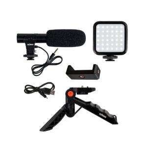 Dörr_VL-5_Vlogging_Kit_Mikrofonilla_008 Dörr VL-5 Vlogging Kit Mikrofonilla sisältää mikrofonin vaahtomuovisuojalla, LED-valopaneelin, älypuhelimen pidikkeen, USB-kaapelin ja kompaktin jalustan säädettävällä kahvalla.