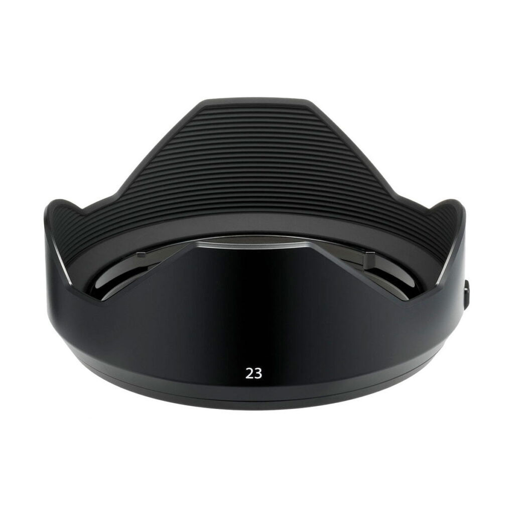 Fujinon_GF_23mm_f_4_R_WR_002 Black Fujifilm Fujinon GF 23mm f/4 R LM WR lens hood with petal-shaped, ribbed inner surface and white number 23 on the front.