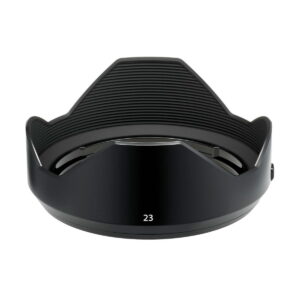 Fujinon_GF_23mm_f_4_R_WR_002 Black Fujifilm Fujinon GF 23mm f/4 R LM WR lens hood with petal-shaped, ribbed inner surface and white number 23 on the front.