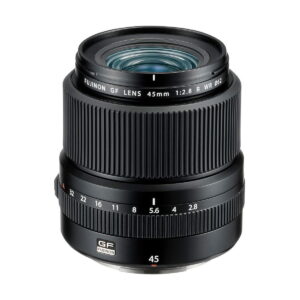 Fujinon GF 45mm f/2.8 R WR A Fujifilm Fujino GF 45mm f/2.8 R WR lens, black with clear focus and aperture rings and visible lens elements, stands upright against a white background.