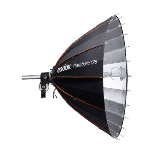 Godox_Parabolic_128_Reflector_Kit_001 The Godox Parabolic 128 reflector set, featuring a black softbox with orange accents and a reflective silver interior, is presented in the form of an umbrella with sticks mounted on a silver light stand adapter.