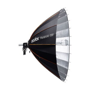 Godox_Parabolic_158_Reflector_Kit_001 The Godox Parabolic 158 Reflector Kit, a large black reflector with a silver interior, is mounted on a studio light bracket and displayed against a white background.