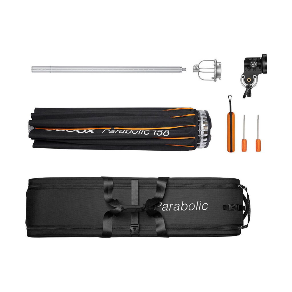 Godox_Parabolic_158_Reflector_Kit_002 The Godox Parabolic 158 reflector set includes a folded parabolic softbox, metal rod, "Parabolic" carrying case, mounting bracket, adapter, orange handle and three screwdrivers neatly arranged on a white background.